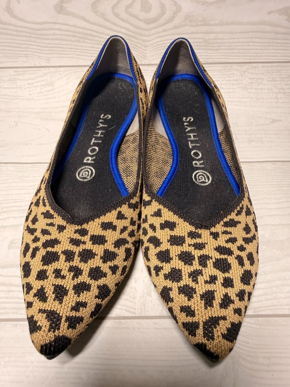 Rothy’s The Point Big Cat Leopard Flats Size 8 Retired Blue Trim
